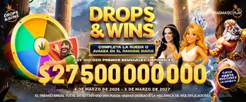 Banner de la promoción Drops & Wins con una rueda de premios, personajes de tragamonedas y un monto anual en cifras muy grandes, junto al sello de Pragmatic Play.