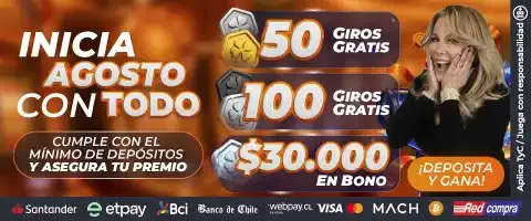 Banner «Inicia agosto con todo» con tres bloques que anuncian 50 giros gratis, 100 giros gratis y treinta mil pesos en bono, más una franja con logotipos de bancos chilenos.