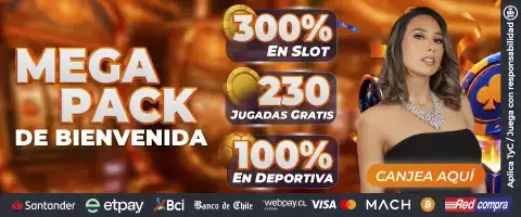 Banner Mega Pack de Bienvenida con las cifras 300% en slot, 230 jugadas gratis y 100% en deportiva, y un botón naranja que dice «Canjea aquí».