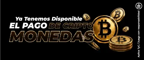 Banner negro con monedas doradas de bitcoin y el texto «Ya tenemos disponible el pago de criptomonedas».