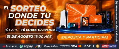 Banner de un sorteo de consolas, monitor y computador sobre una tarima, con la fecha 31 de agosto a las 18:00 hrs y la frase «deposita y participa».