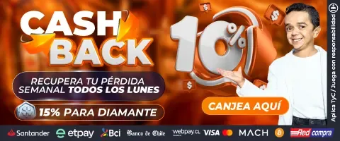 Banner de Cash Back con un 10% en cifras grandes y la mención a un 15% para Diamante.