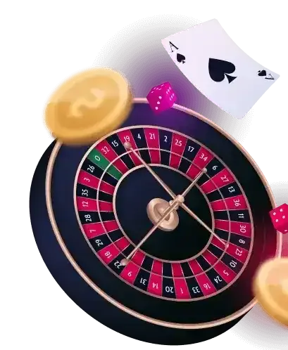 Ilustración de una rueda de ruleta vista de frente, con dados, monedas y dos naipes de picas cayendo a su alrededor.