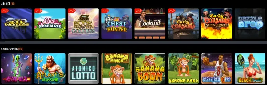 Dos filas de fichas de juegos agrupadas bajo los rótulos Air-Dice y Caleta Gaming, imagen publicada por la reseña de c19.cl.