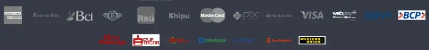 Franja horizontal de logotipos bancarios y de medios de pago, entre ellos Bci, Itaú, Khipu, Webpay, Visa y Mastercard.