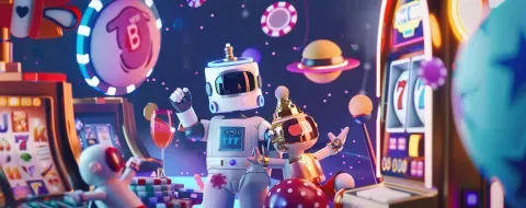 Ilustración de un robot blanco brindando en un salón de tragamonedas, con planetas, fichas y copas flotando alrededor.